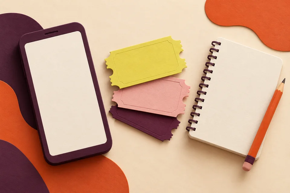 Teléfono, tickets y cuaderno en papel de colores